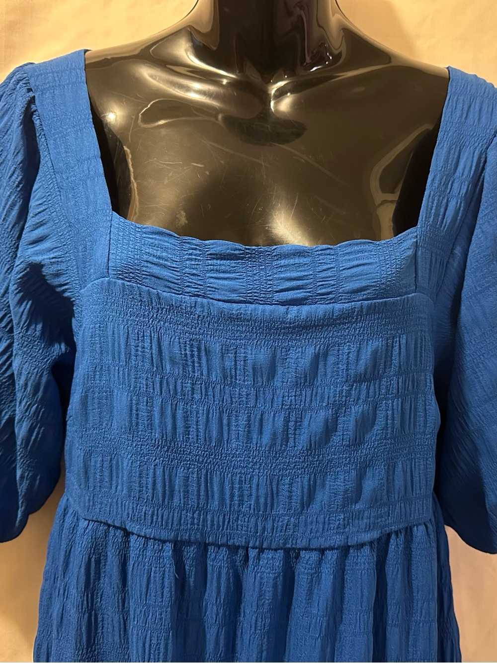 Square Neck Blue Smocked Women's Maxi Dress